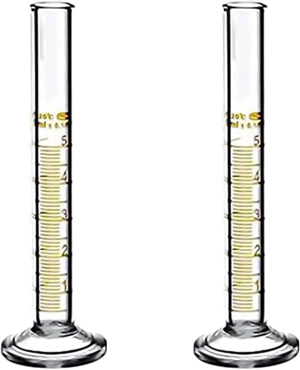 ست 2 عددی استوانه مدرج شیشه ای سنگین King Mariot Medical Equipments، ظرفیت 5 میلی لیتر، شیشه بوروسیلیکات 3.3 درجه بالا برای لوازم آزمایشگاهی، زیست شناسی، آزمایشگاه شیمی