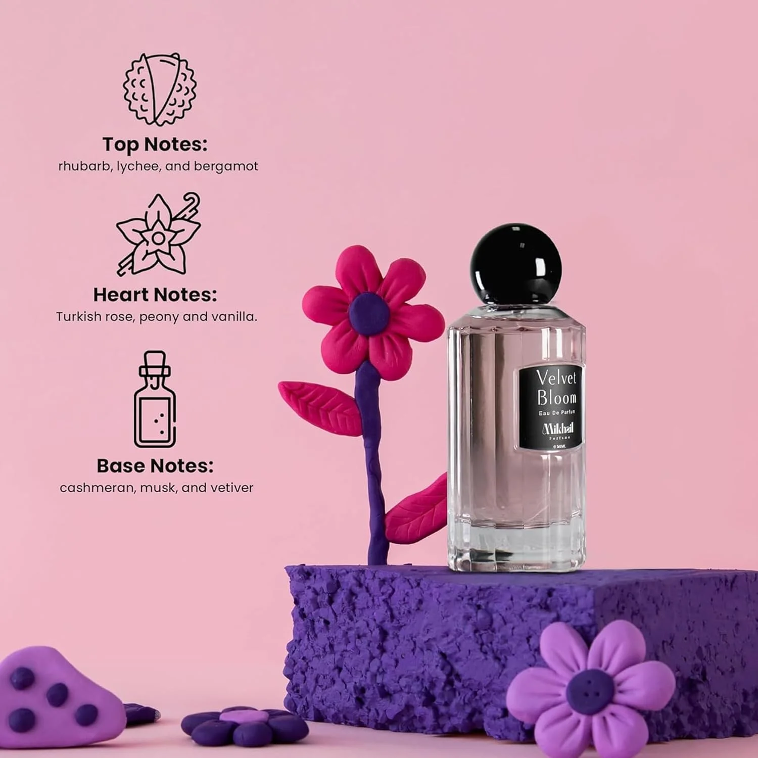 Velvet Bloom از MIKHAIL 50ml – عطر گلی زنانه و پیچیده – ادو پرفیوم ماندگار با رایحه های لیچی، ریواس، رز ترکی و وانیل – رایحه ای ظریف، رمانتیک و لوکس برای روز و شب
