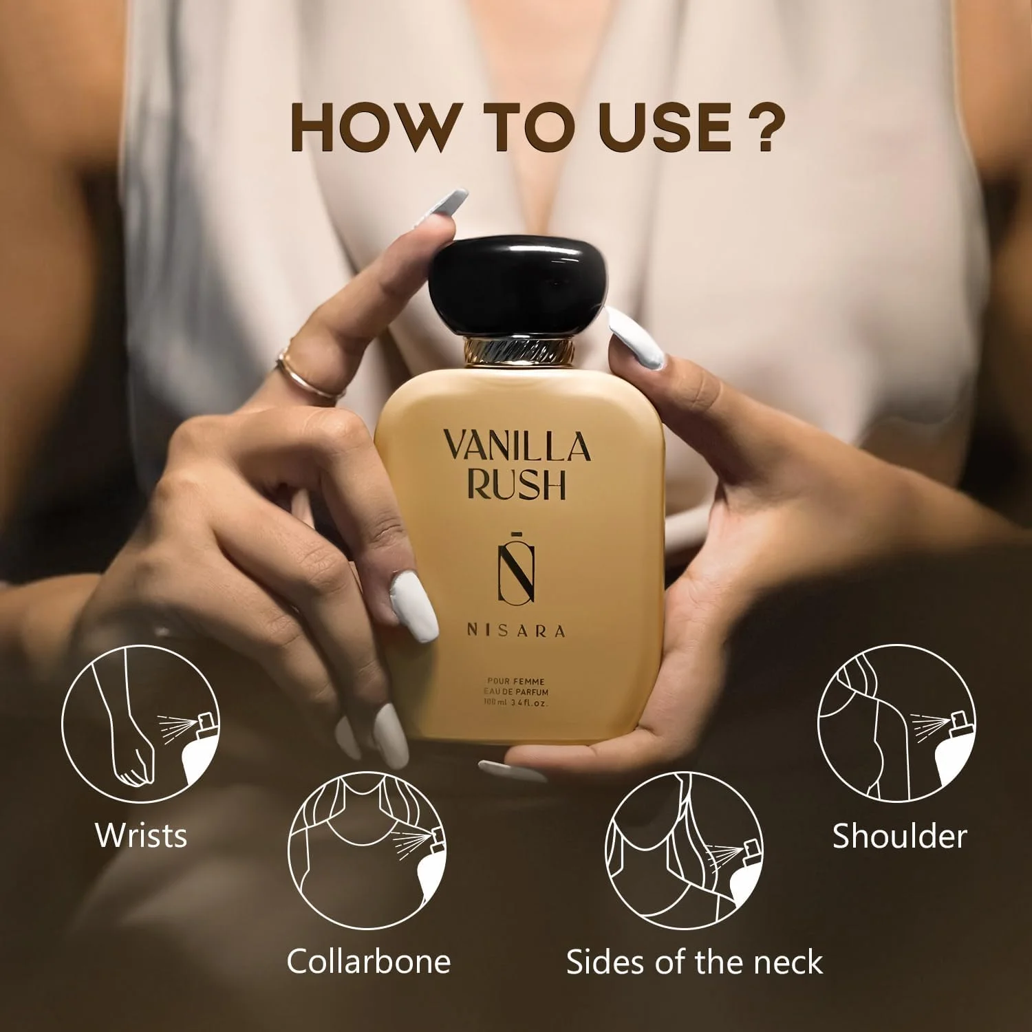 عطر زنانه گورمند نیسارا مدل Vanilla Rush حجم 100 میلی لیتر | ادو پرفیوم ماندگار | رایحه وانیلی کهربایی | ارکیده، گل های سفید، کارامل، عنبر، چوب مشک، نعناع هندی | اسپری عطر EDP برای زنان |