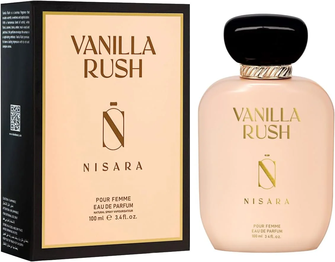 عطر زنانه گورمند نیسارا مدل Vanilla Rush حجم 100 میلی لیتر | ادو پرفیوم ماندگار | رایحه وانیلی کهربایی | ارکیده، گل های سفید، کارامل، عنبر، چوب مشک، نعناع هندی | اسپری عطر EDP برای زنان |
