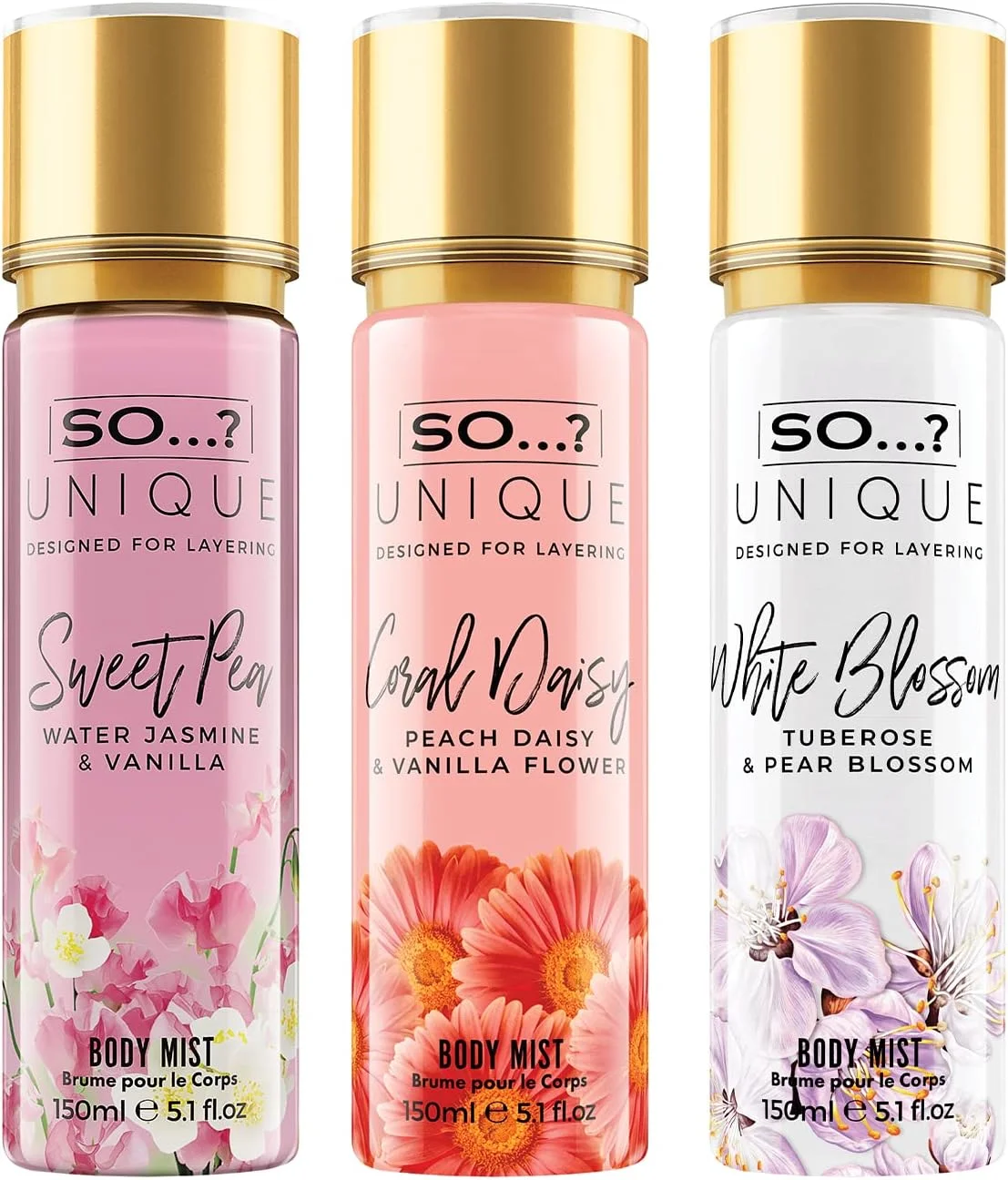 So…? Unique Womens Summer Breeze Bundle Sweet Pea, Coral, White Blossom ست اسپری بادی میست با رایحه های ترکیبی 150 میلی لیتر (بسته 3 عددی)