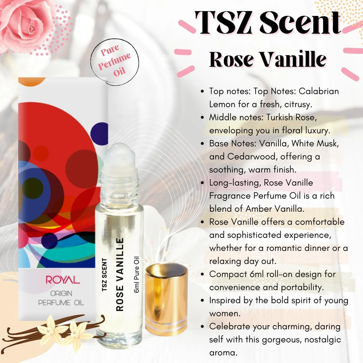 روغن عطر رولی رز و وانیل TSZ - 6 میلی لیتر، رایحه ماندگار، اسانس گل های شیرین و وانیل برای زنان و دختران روغن عطر رولی رز و وانیل TSZ - 6 میلی لیتر، رایحه ماندگار، اسانس گل های شیرین و وانیل برای زنان و دختران