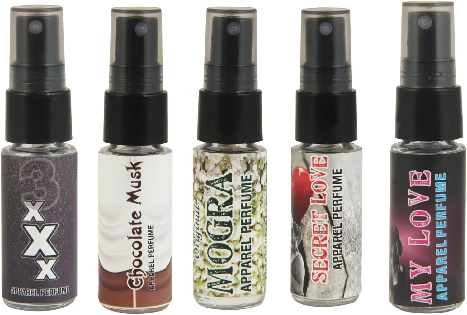 ست عطر 3 میلی لیتری SYSPRO شامل 3XXX، شکلات ماسک، موگرا، عشق پنهان و عشق من، عطر عطار ماندگار برای مردان و زنان (5 عدد)
