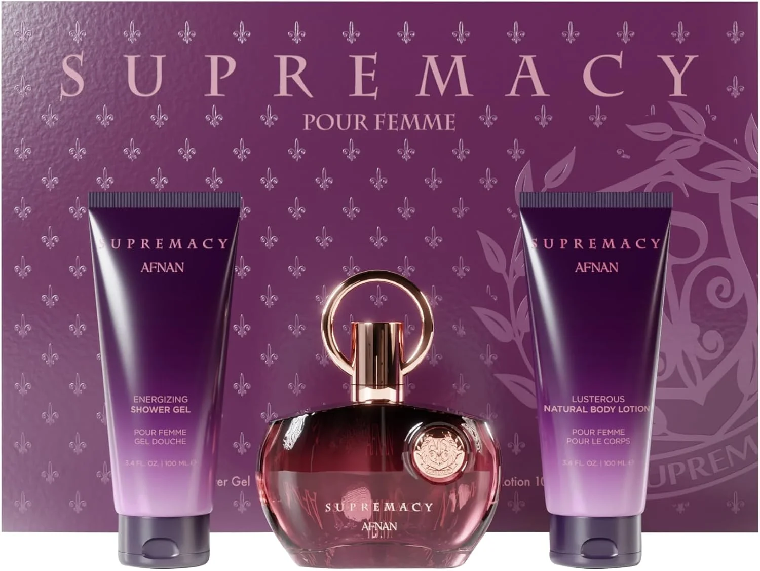 ست هدیه افنان Supremacy Purple ادو پرفیوم 100 میلی لیتر + لوسیون بدن 100 میلی لیتر + ژل دوش 100 میلی لیتر، ست هدیه عطر زنانه