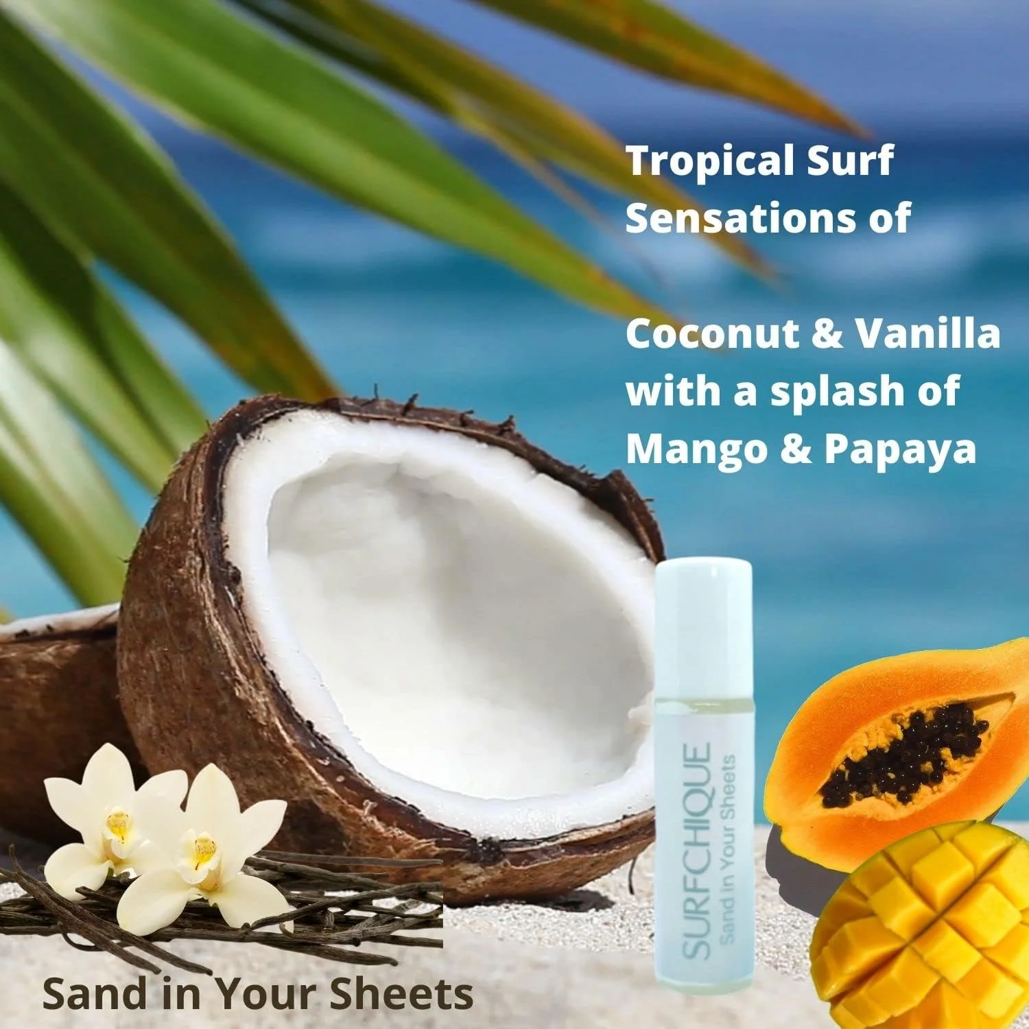 عطر روغنی زنانه رولی SURFCHIQUE با رایحه استوایی ساحل، نارگیل، وانیل و رایحه ای از انبه و پاپایا - حس شن در ساحل عطر روغنی زنانه رولی SURFCHIQUE با رایحه استوایی ساحل، نارگیل، وانیل و رایحه ای از انبه و پاپایا - حس شن در ساحل