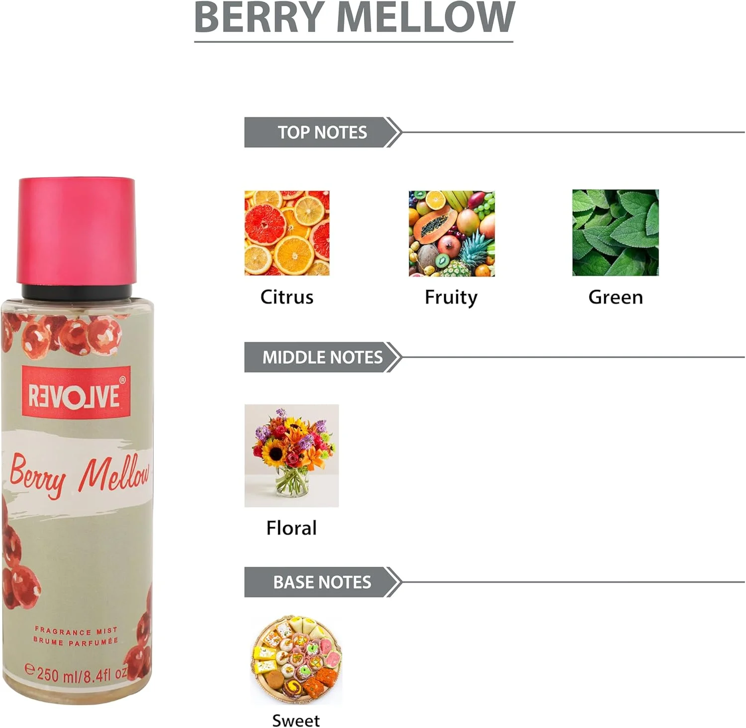 اسپری بدن زنانه REVOLVE Berry Mellow - 250ml | رایحه ملایم و شیرین توت با ته رنگ آرامش بخش | ایده آل برای روزهای آرامش بخش یا لایه برداری سبک روی عطرها اسپری بدن زنانه REVOLVE Berry Mellow - 250ml | رایحه ملایم و شیرین توت با ته رنگ آرامش بخش | ایده آل برای روزهای آرامش بخش یا لایه برداری سبک روی عطرها