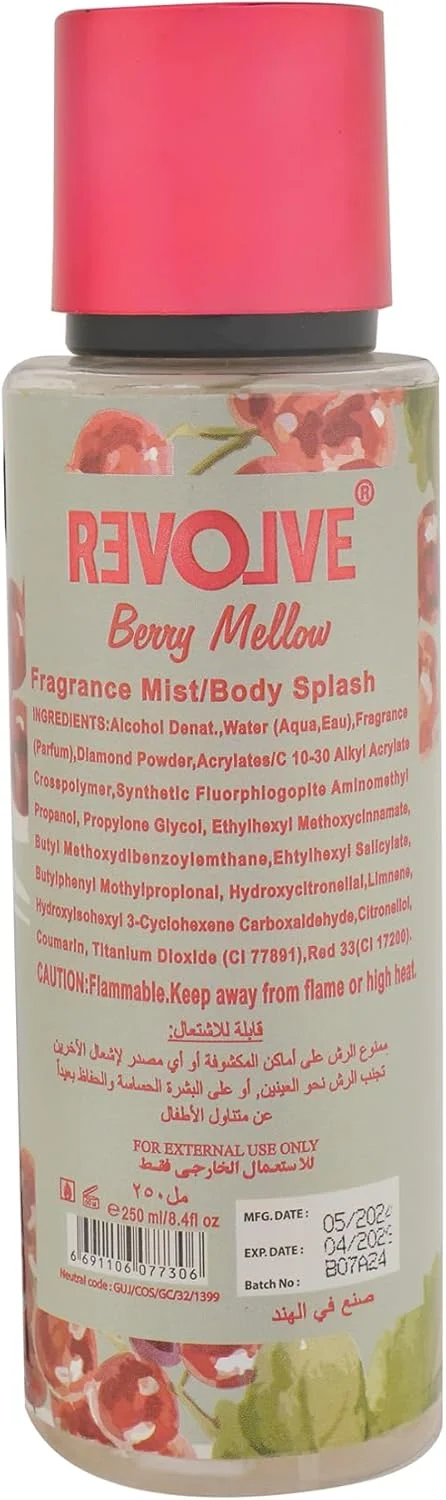 اسپری بدن زنانه REVOLVE Berry Mellow - 250ml | رایحه ملایم و شیرین توت با ته رنگ آرامش بخش | ایده آل برای روزهای آرامش بخش یا لایه برداری سبک روی عطرها اسپری بدن زنانه REVOLVE Berry Mellow - 250ml | رایحه ملایم و شیرین توت با ته رنگ آرامش بخش | ایده آل برای روزهای آرامش بخش یا لایه برداری سبک روی عطرها