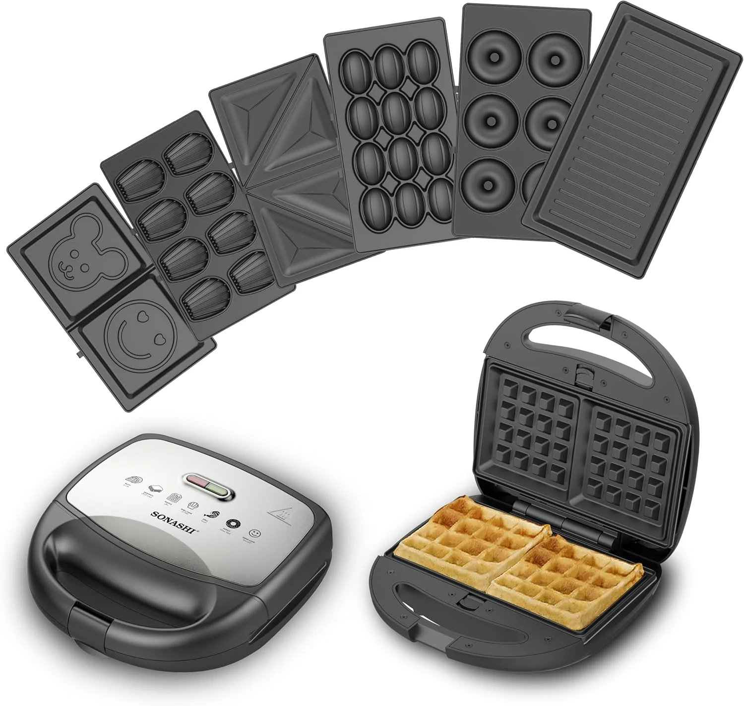 دستگاه اسنک ساز 7 در 1 سوناشی با صفحات جداشدنی برای ساندویچ/گریل/وافل/دونات/آجیلی/شکلک/کیک صدفی | چراغ نشانگر با قابلیت قطع خودکار | اسنک ساز 800 وات مدل SSM-862N مشکی/نقره ای دستگاه اسنک ساز 7 در 1 سوناشی با صفحات جداشدنی برای ساندویچ/گریل/وافل/دونات/آجیلی/شکلک/کیک صدفی | چراغ نشانگر با قابلیت قطع خودکار | اسنک ساز 800 وات مدل SSM-862N مشکی/نقره ای
