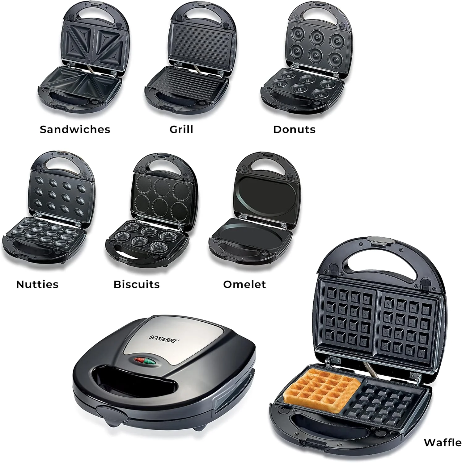 دستگاه اسنک ساز 7 در 1 سوناشی مدل SSM-862 - دارای صفحات جداشدنی برای ساندویچ، گریل، دونات، وافل، کاپ کیک، فندقی، و املت | لوازم آشپزخانه