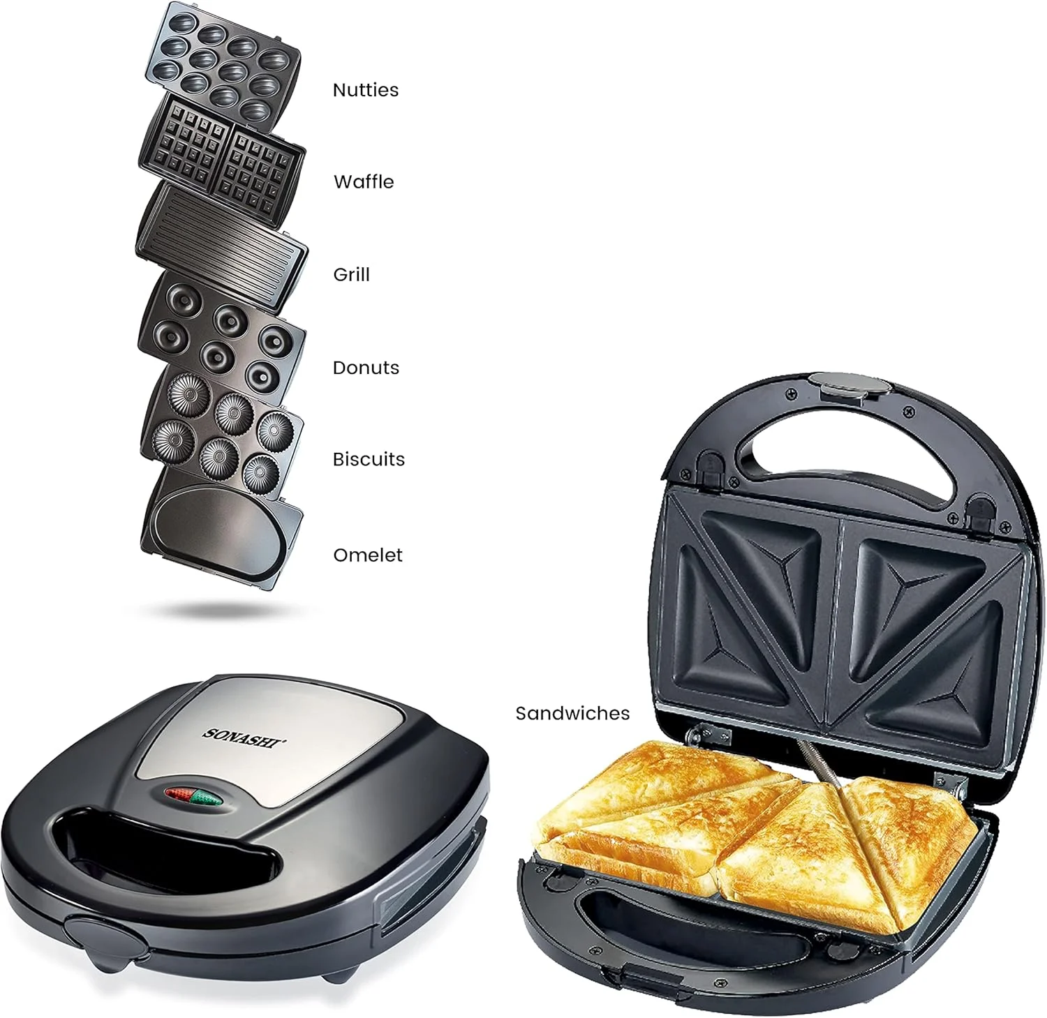 دستگاه اسنک ساز 7 در 1 سوناشی مدل SSM-862 - دارای صفحات جداشدنی برای ساندویچ، گریل، دونات، وافل، کاپ کیک، فندقی، و املت | لوازم آشپزخانه