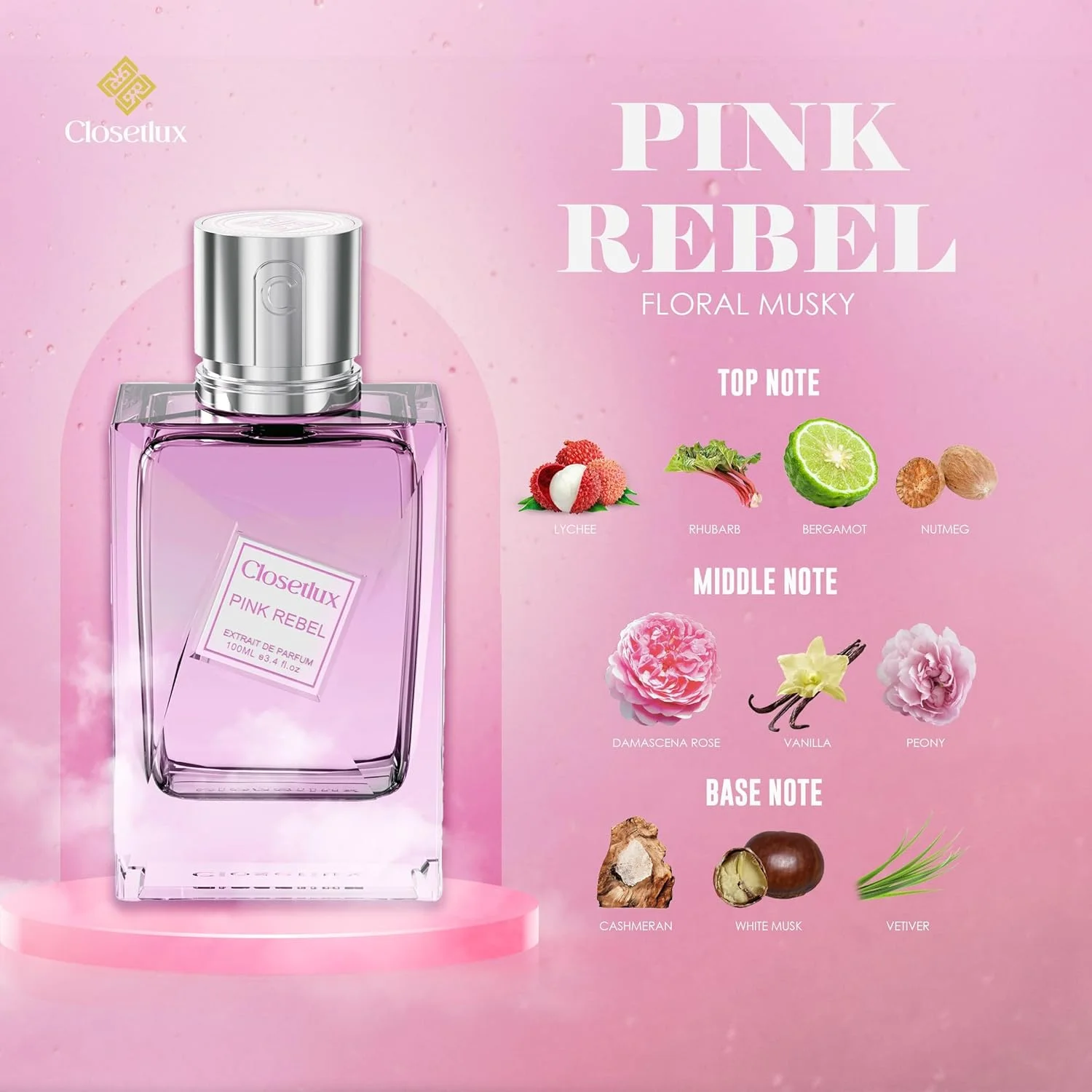 Pink Rebel از Closet Luxe - اکستریت د پرفیوم زنانه - رایحه لوکس گلی مشکی - ماندگاری طولانی با رایحه رز، لیچی و مشک سفید - 100 میلی لیتر