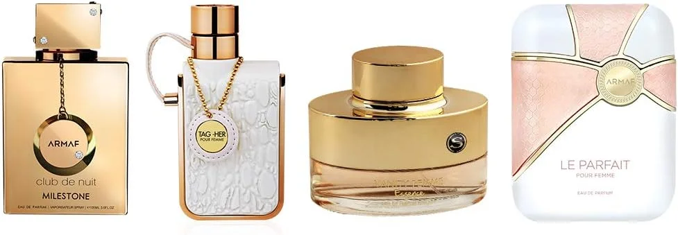مجموعه هدیه 4 تکه عطر زنانه آرماف، کلکسیون سیگنیچر، کلاب د نایت میلستون 105 میل ادو پرفیوم + تگ هر 100 میل ادو پرفیوم + پور فم له پرفیت 100 میل ادو پرفیوم + ونیتی فم اسنس 100 میل ادو پرفیوم - عطر زنانه