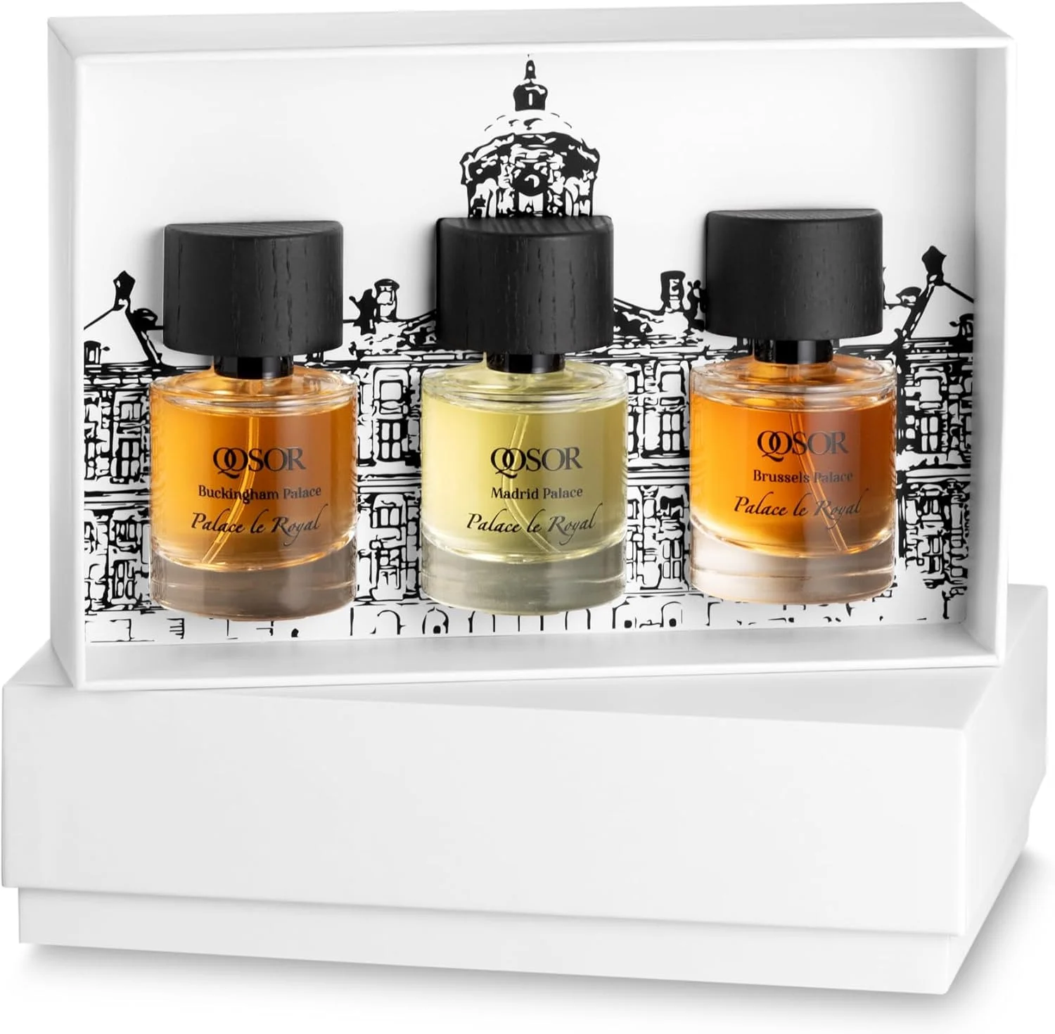 ست هدیه عطرهای مردانه و زنانه کاخ رویال Qosor Perfumes | 3 عدد 30 میلی لیتر | انتخاب آمستردام، بروکسل، باکینگهام، مادرید، کاخ قصر الوطن (مادرید + آمستردام + قصر الوطن)