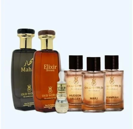 ست هدیه عطر عود ورلد – بسته 6 عددی عطر | ماهیر، اکسیر براون، هادسون ولی، مرج، کامره و روغن عطر | عطرهای عربی یونیسکس ماندگار برای مردان و زنان