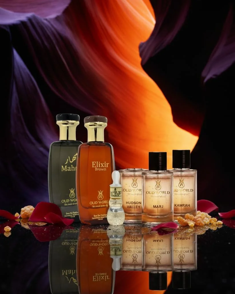 ست هدیه عطر عود ورلد – بسته 6 عددی عطر | ماهیر، اکسیر براون، هادسون ولی، مرج، کامره و روغن عطر | عطرهای عربی یونیسکس ماندگار برای مردان و زنان