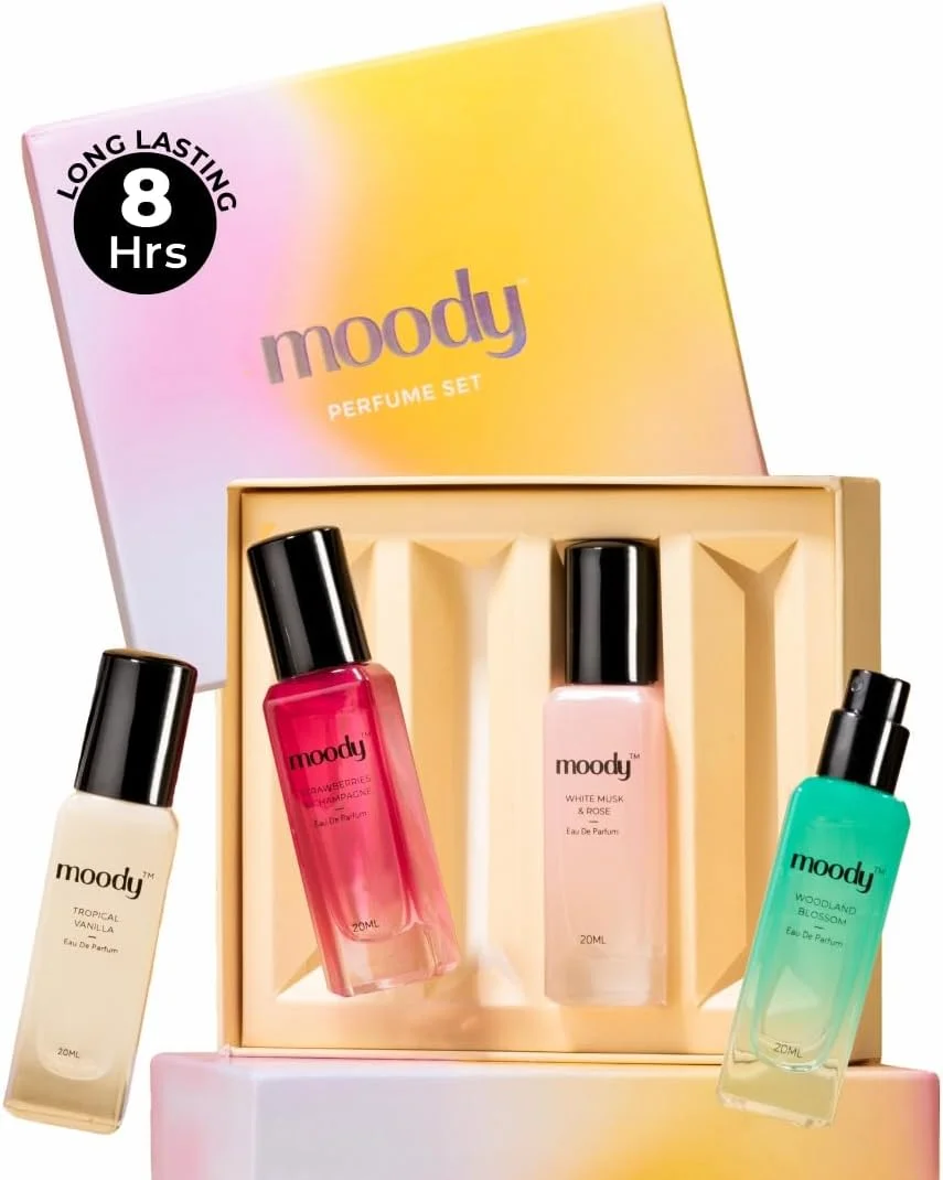 ست هدیه عطر زنانه پریمیوم Moody | ادو پرفیوم | رایحه ماندگار EDP تا 8 ساعت | هدیه تولد برای زنان | عطر توت فرنگی، وانیل گرمسیری، بسته هدیه زنانه 4x20ml