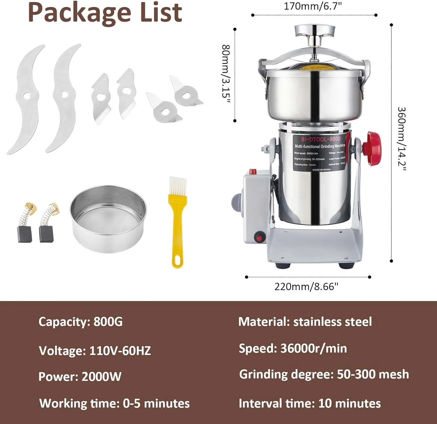 آسیاب غلات برقی BI-DTOOL، ظرفیت 800 گرم، استیل ضد زنگ، برای مصارف خانگی/تجاری آسیاب غلات برقی BI-DTOOL، ظرفیت 800 گرم، استیل ضد زنگ، برای مصارف خانگی/تجاری