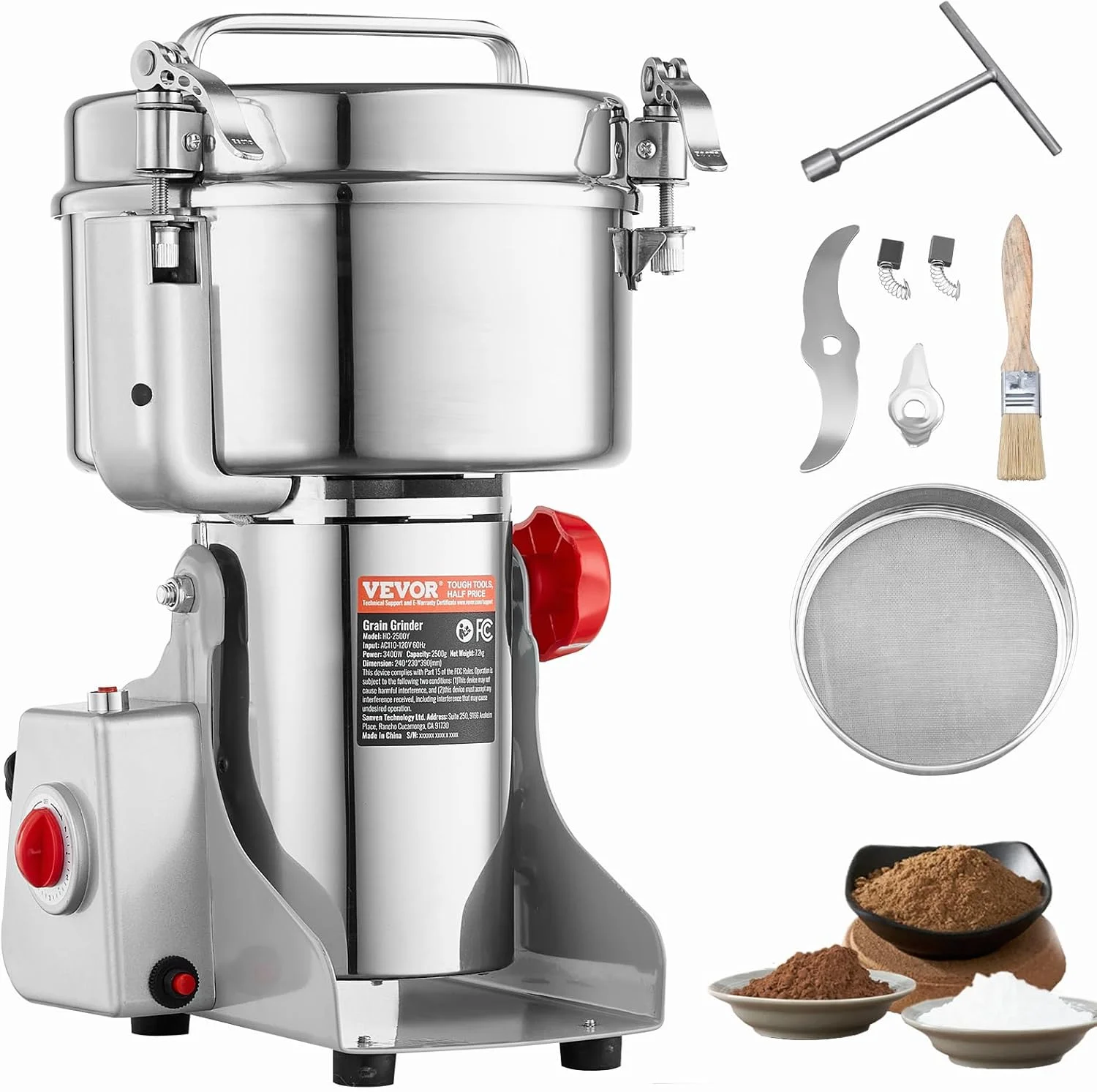 آسیاب ادویه برقی VEVOR 2000g تجاری 3400W آسیاب غلات با سرعت بالا آسیاب آرد فولاد ضد زنگ نوع نوسانی برای آسیاب سریع غلات ادویه جات ترشی جات گیاهان قهوه