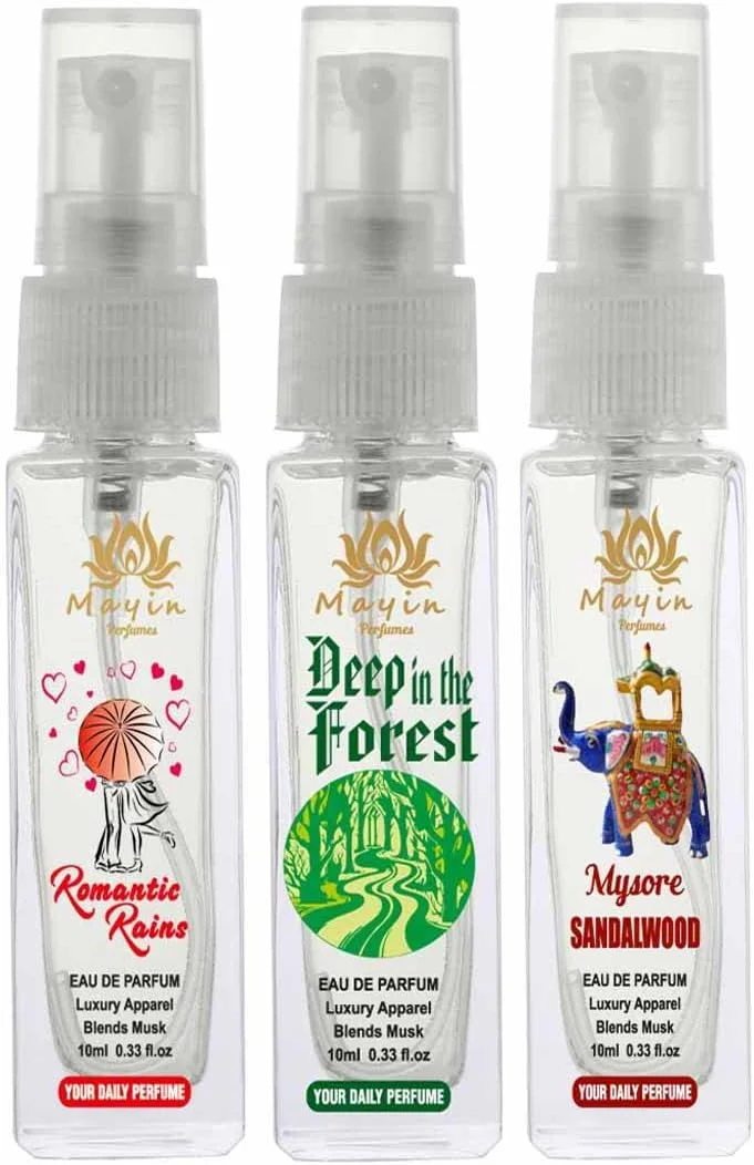 ادکلن زنانه ماین پرفیومز مدل Romantic Rains, Deep Forest, Mysore Sandalwood ادو پرفیوم/پک جیبی 30 میلی لیتر (بسته 3 عددی)