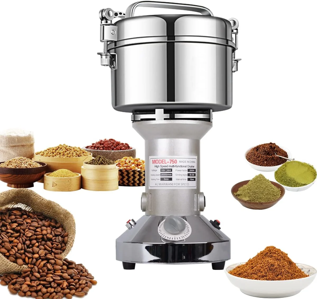 آسیاب غلات برقی LEJIEYIN 750 گرمی، آسیاب برقی استیل و آسیاب سنگی تجاری با موتور 2000 وات و 25000 دور در دقیقه برای آجیل/غلات با محافظت در برابر اضافه بار