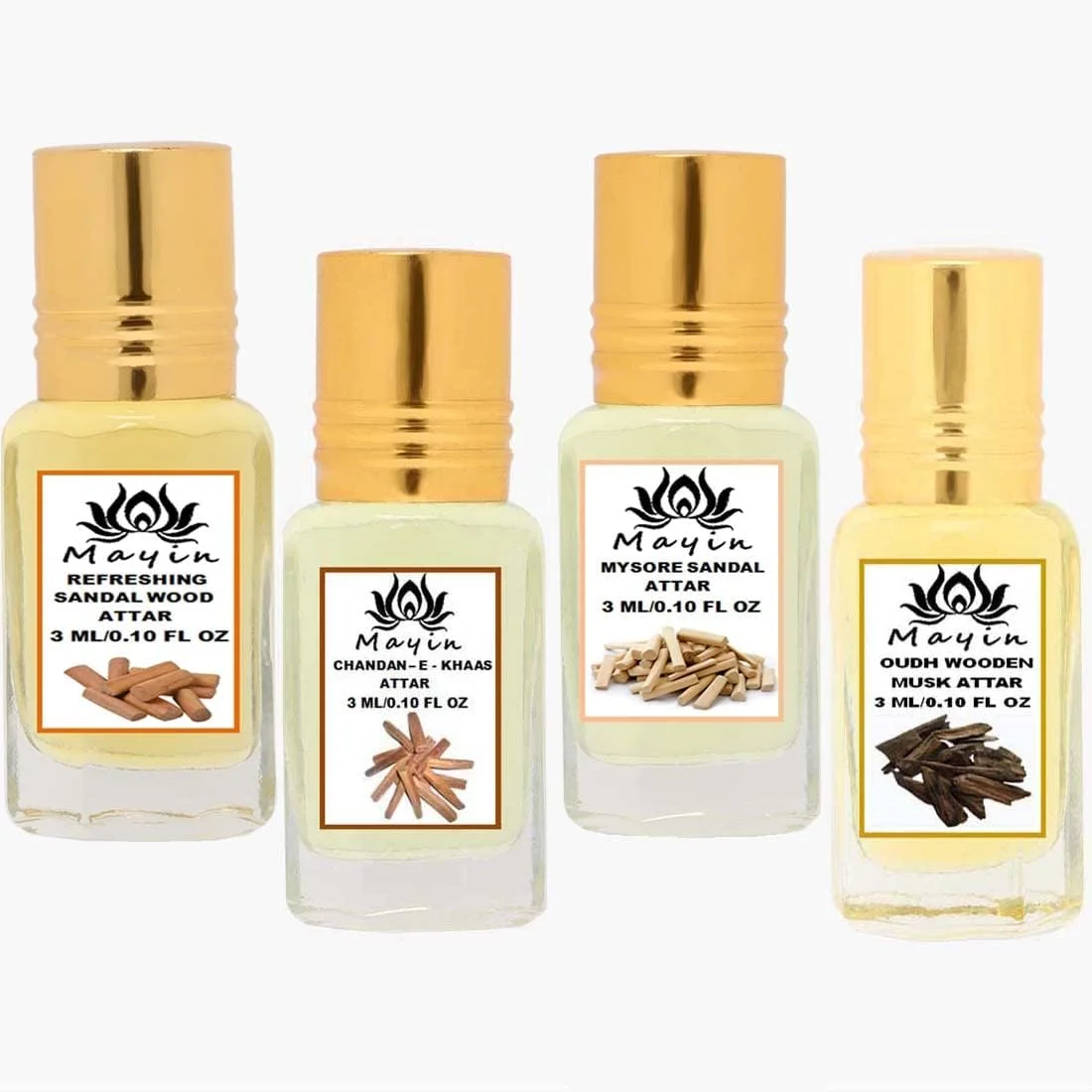 عطرهای ماین، چوب صندل طراوت بخش، Chandan-E-Khass، صندل میسور، مشک چوبی عود (عطر/عطر طبیعی) بسته هدیه عطر/ترکیب عطر/بسته ترکیبی برای مردان و زنان 12 میلی لیتر (بسته 4 عددی)