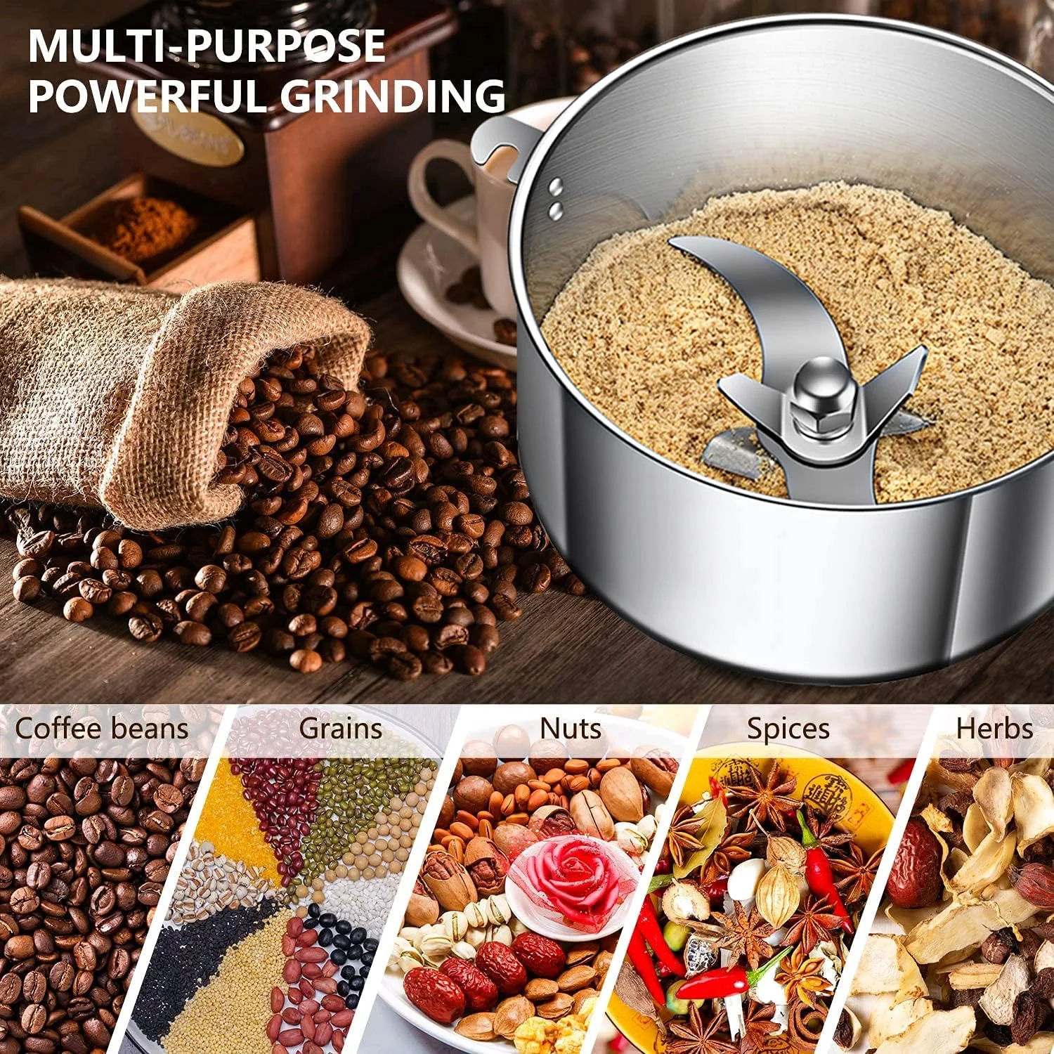 آسیاب غلات برقی LEJIEYIN 750 گرمی، آسیاب برقی استیل و آسیاب سنگی تجاری با موتور 2000 وات و 25000 دور در دقیقه برای آجیل/غلات با محافظت در برابر اضافه بار آسیاب غلات برقی LEJIEYIN 750 گرمی، آسیاب برقی استیل و آسیاب سنگی تجاری با موتور 2000 وات و 25000 دور در دقیقه برای آجیل/غلات با محافظت در برابر اضافه بار