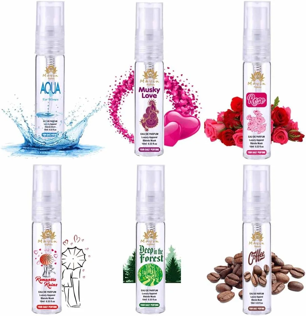 مجموعه عطر زنانه ماین پرفیومز آکوا، عشق مشک، رز، باران های رمانتیک، اعماق جنگل، قهوه ادو پرفیوم / اسپری / مجموعه اسپری ادو پرفیوم / مجموعه عطر جیبی / بسته 6 عددی (6 * 10 میلی لیتر) 60 میلی لیتر
