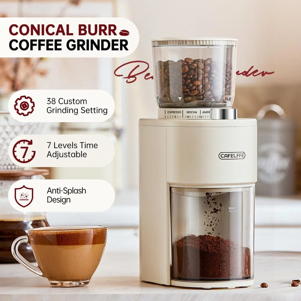 آسیاب قهوه مخروطی Cafelffe MK-302 - دارای 38 درجه آسیاب دقیق، آسیاب برقی اتوماتیک دانه قهوه، تیغه استیل ضد زنگ برای خانه/آشپزخانه/اداره، عملکرد تک لمسی با تایمر 60 ثانیه ای آسیاب قهوه مخروطی Cafelffe MK-302 - دارای 38 درجه آسیاب دقیق، آسیاب برقی اتوماتیک دانه قهوه، تیغه استیل ضد زنگ برای خانه/آشپزخانه/اداره، عملکرد تک لمسی با تایمر 60 ثانیه ای
