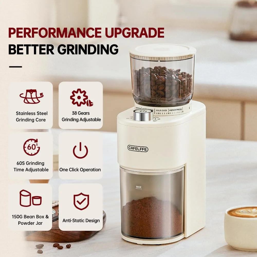 آسیاب قهوه مخروطی Cafelffe MK-302 - دارای 38 درجه آسیاب دقیق، آسیاب برقی اتوماتیک دانه قهوه، تیغه استیل ضد زنگ برای خانه/آشپزخانه/اداره، عملکرد تک لمسی با تایمر 60 ثانیه ای آسیاب قهوه مخروطی Cafelffe MK-302 - دارای 38 درجه آسیاب دقیق، آسیاب برقی اتوماتیک دانه قهوه، تیغه استیل ضد زنگ برای خانه/آشپزخانه/اداره، عملکرد تک لمسی با تایمر 60 ثانیه ای