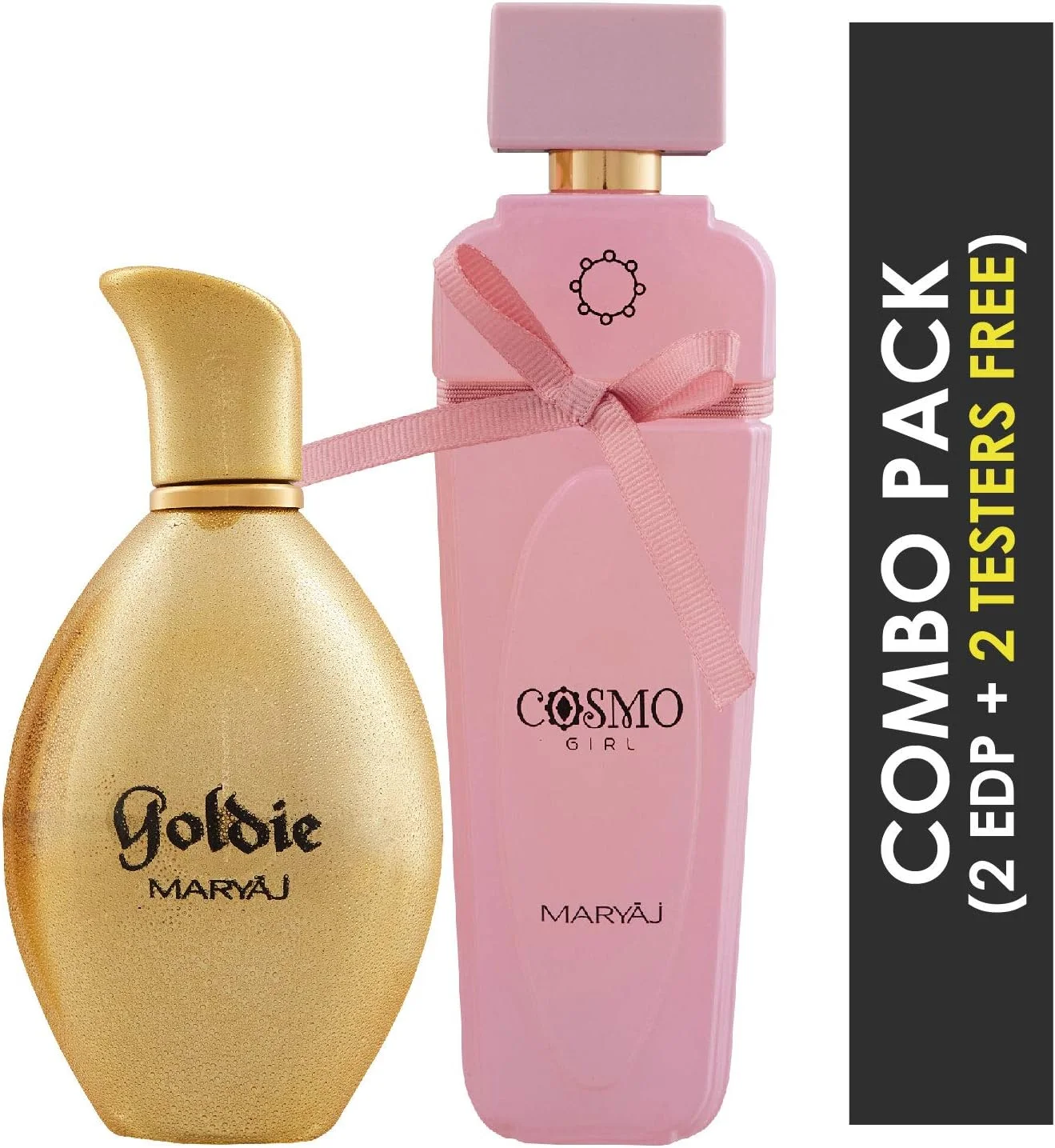مریاج گلدن ادو پرفیوم زنانه با رایحه میوه ای و گلی 100 میلی لیتر و مریاج کوزمو گرل ادو پرفیوم زنانه با رایحه گلی و پودری 100 میلی لیتر + 2 عدد تستر عطر رایگان