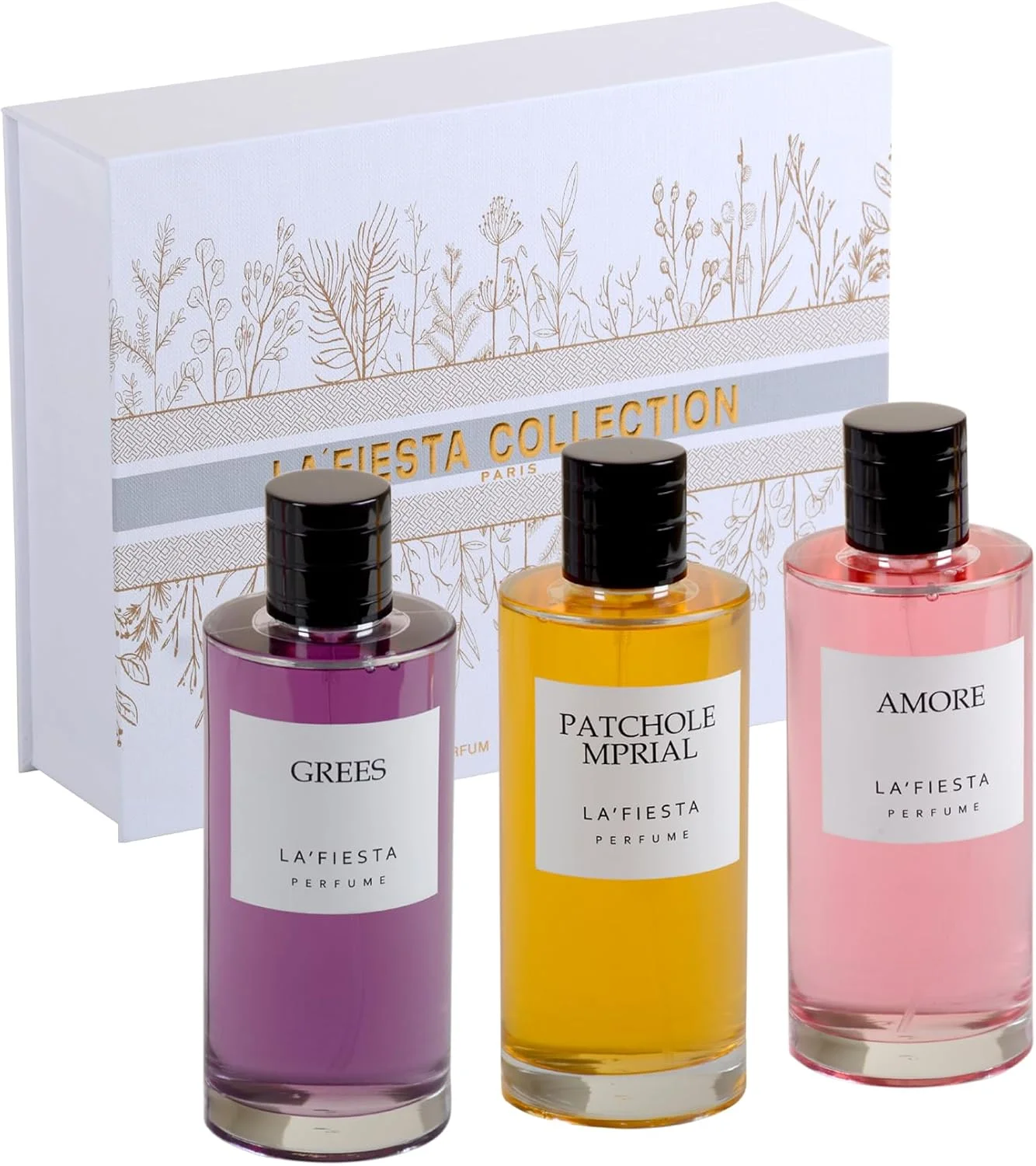ست هدیه عطر LAFIESTA COLLECTION 3 x 200ML | GREES، PATCHOLE MPRIAL، AMORE | ادو پرفیوم ماندگار برای مردان و زنان | ست عطر لوکس | عطرهای فرانسوی