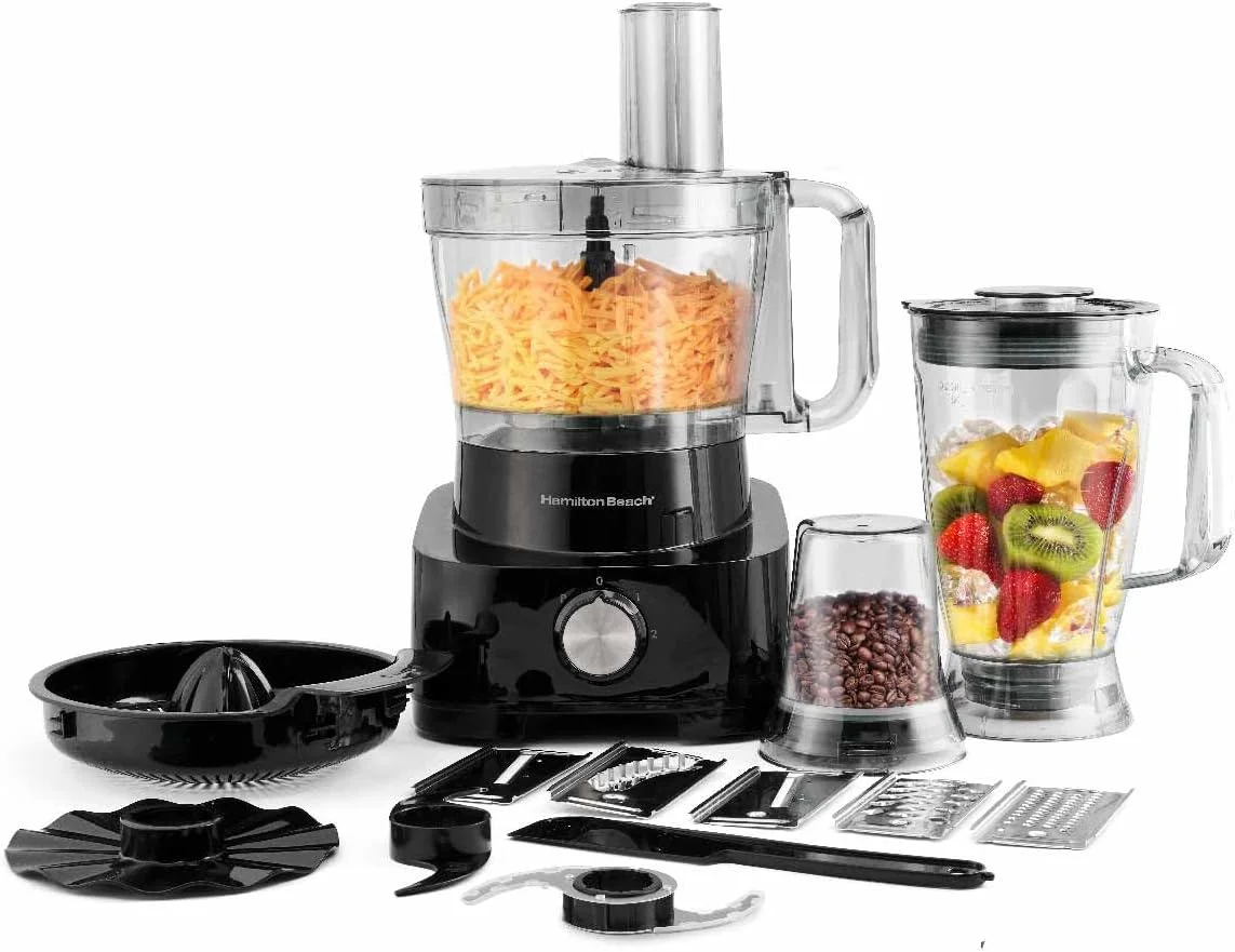 غذاساز همیلتون بیچ 1000 وات، کاسه 3.5 لیتری و 11 قطعه جانبی - مخلوط کن، آب مرکبات گیری، آسیاب، خردکن و موارد دیگر برای ورز دادن خمیر، امولسیون کردن، برش سیب زمینی سرخ کرده و رنده کردن، مدل FP1012-ME