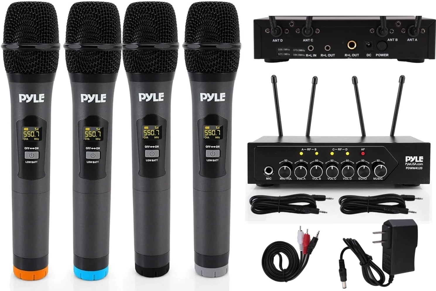 میکروفون های بی سیم Pyle، میکروفون های دوگانه UHF حرفه ای برای کارائوکه، مجموعه سیستم میکروفون دینامیک بی سیم با گیرنده قابل شارژ، اتصال آسان، سخنرانی، عروسی، کلیسا، سیستم PA