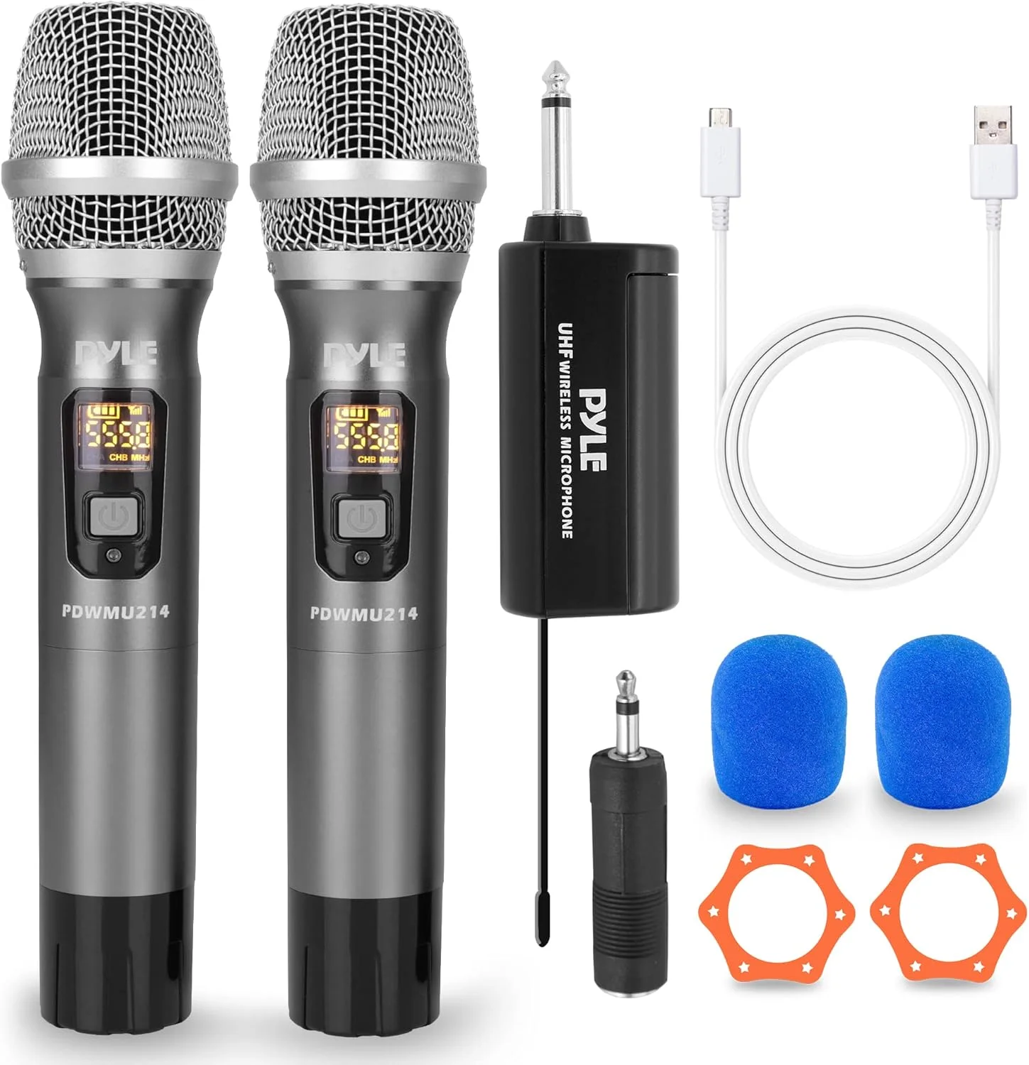 کیت سیستم میکروفون بی سیم UHF پایل - ست فرستنده میکروفون بی سیم دستی پویا یک طرفه حرفه ای دوگانه با باتری به همراه آداپتور و گیرنده - مناسب برای مهمانی کارائوکه PA و دی جی مدل PDWMU214، مشکی