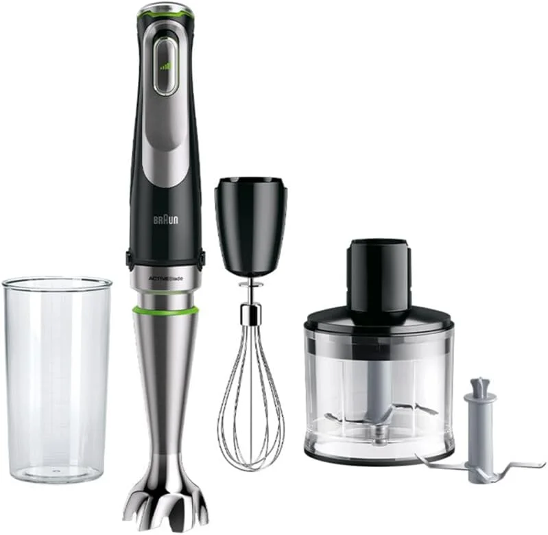 مخلوط کن دستی Braun MultiQuick 9، همزن دستی، غذاساز XL، فناوری Active PowerDrive، خردکن 500 میلی لیتری، لیوان 600 میلی لیتری بدون BPA با درب، 1200 وات، 220-240 ولت، 50-60 هرتز، MQ 9135XI، مشکی