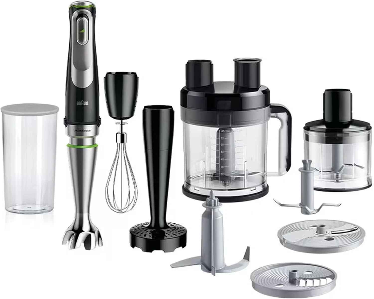 ست مخلوط کن دستی براون MultiQuick 9، غذاساز XL 2 لیتری، فناوری Active PowerDrive، خردکن 500 میلی لیتری، فناوری iMode، MQ 9187XLI، پوره ساز شامل، مشکی