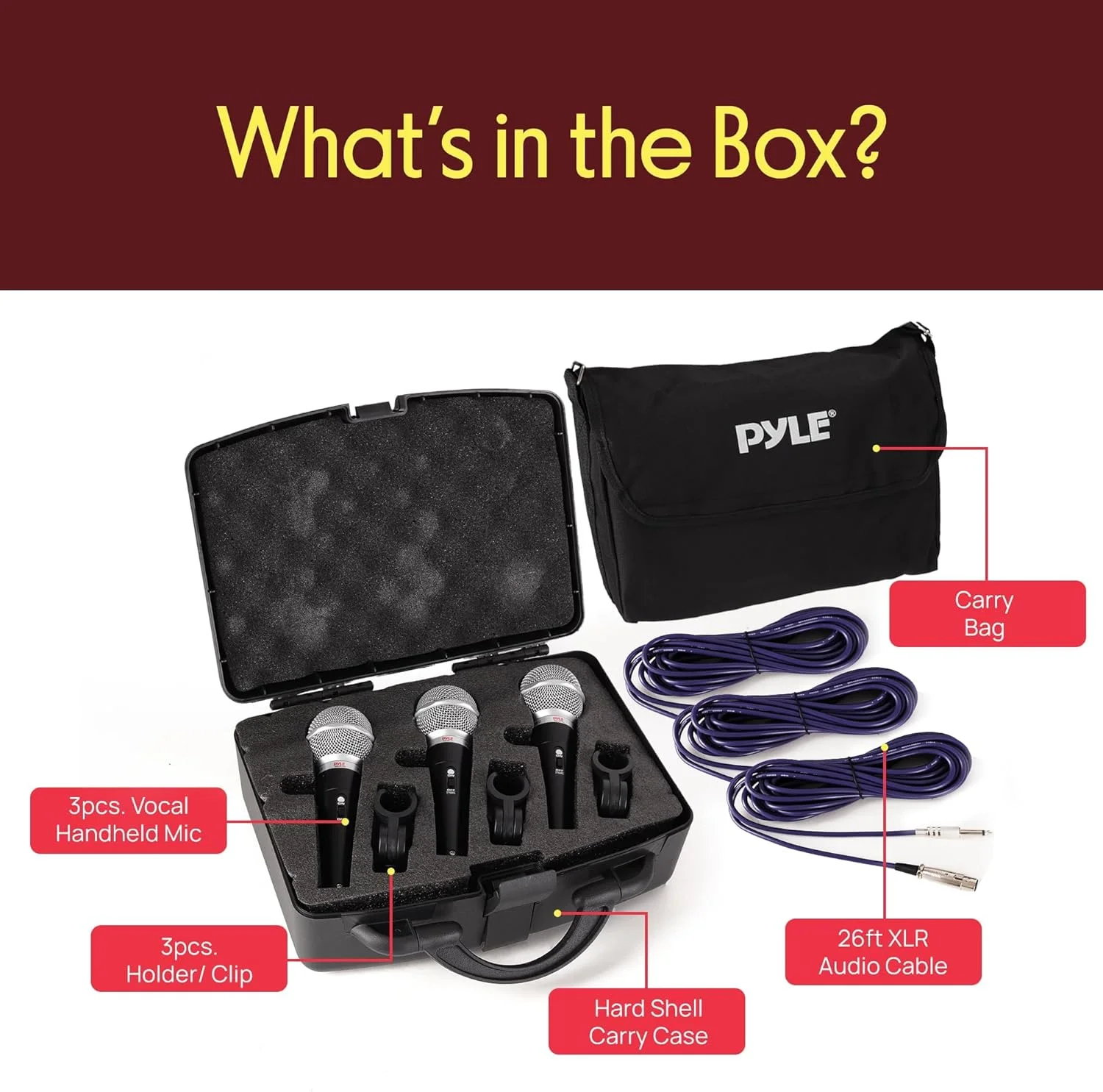 ست میکروفون داینامیک حرفه ای 3 تکه Pyle مدل Pdmickt34، کاردیوئید یک جهته، میکروفون دستی وکال با کیف حمل سخت و کیف، نگهدارنده/گیره کابل صوتی 26 فوتی XLR به اتصال 1/4 اینچی ست میکروفون داینامیک حرفه ای 3 تکه Pyle مدل Pdmickt34، کاردیوئید یک جهته، میکروفون دستی وکال با کیف حمل سخت و کیف، نگهدارنده/گیره کابل صوتی 26 فوتی XLR به اتصال 1/4 اینچی