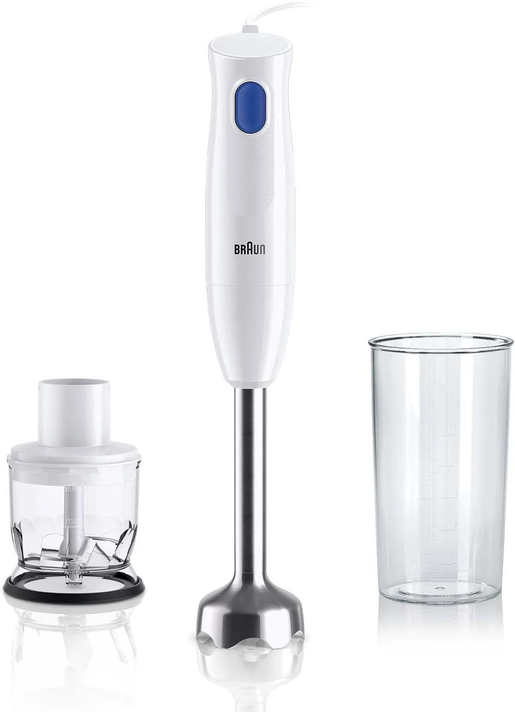 مخلوط کن دستی تک سرعته 450 وات براون مدل MultiQuick 1 MQ 10.201 M WH با خردکن 350 میلی لیتری، بدنه فلزی، سبک وزن، فاقد BPA و قابل شستشو در ماشین ظرفشویی - سفید