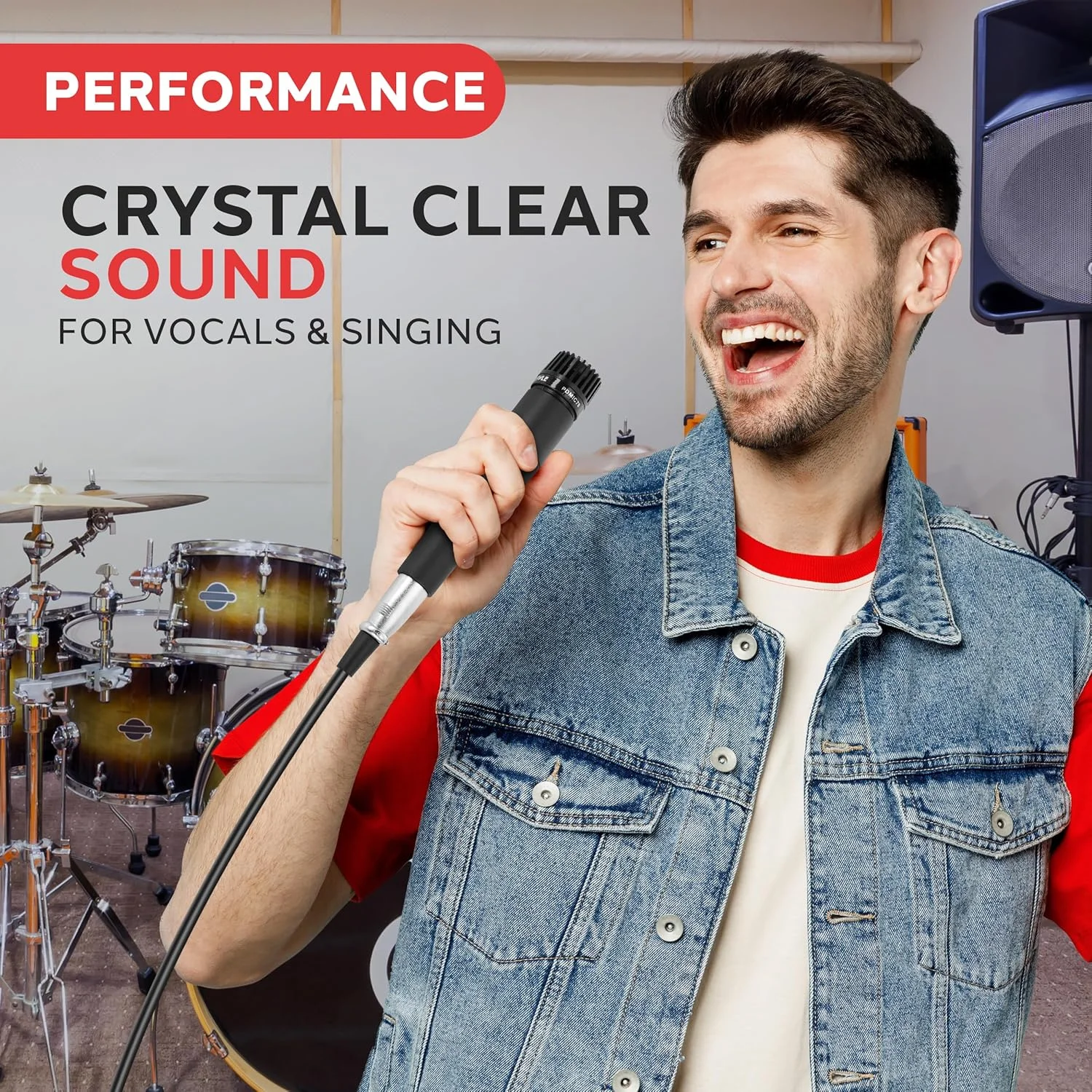 میکروفون دستی حرفه ای Pyle با سیم پیچ متحرک - میکروفون کاردیوئید یک طرفه پویا برای آواز، دارای فیلتر پاپ آکوستیک داخلی، شامل کابل صوتی 15 فوتی XLR به اتصال 1/4 اینچی Pyle PDMIC78