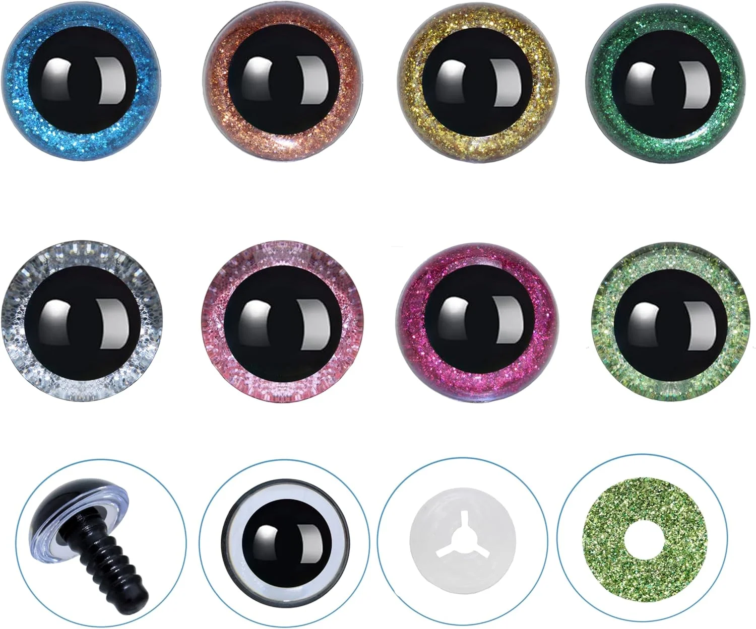 چشم های ایمنی اکلیلی 128 عددی Thalinfayi و واشر برای قلاب بافی آمیگورومی - 15 میلی متر 8 رنگ چشم های ایمنی کریستالی قلاب بافی آمیگورومی برای آمیگورومی، صنایع دستی، لوازم ساخت عروسک قلاب بافی DIY