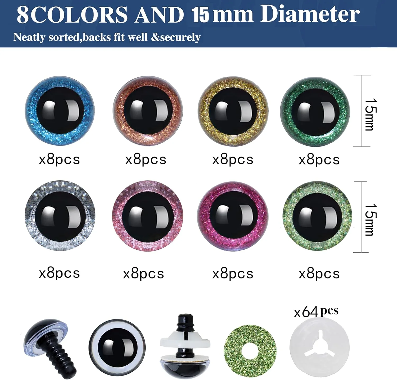 چشم های ایمنی اکلیلی 128 عددی Thalinfayi و واشر برای قلاب بافی آمیگورومی - 15 میلی متر 8 رنگ چشم های ایمنی کریستالی قلاب بافی آمیگورومی برای آمیگورومی، صنایع دستی، لوازم ساخت عروسک قلاب بافی DIY