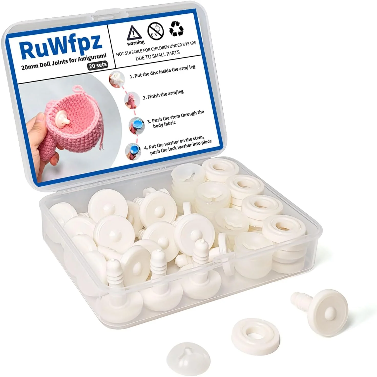 اتصالات عروسک RuWfpz برای بافتنی آمیگورومی 20 میلی متر 13/16 اینچ - 20 ست اتصالات ایمنی اسباب بازی پلاستیکی برای حیوانات عروسکی، اتصالات خرس عروسکی متحرک سفید برای بازو، پا و گردن