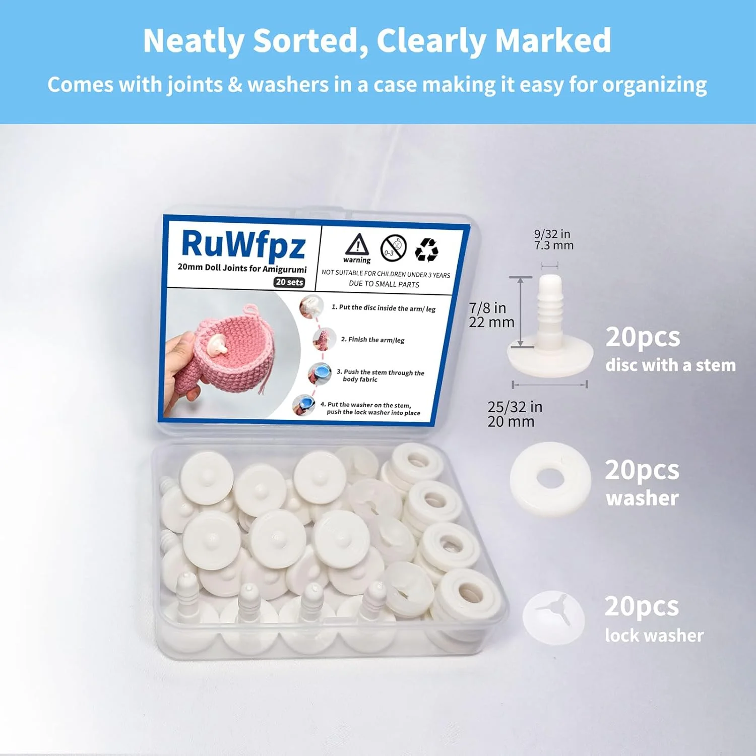 اتصالات عروسک RuWfpz برای بافتنی آمیگورومی 20 میلی متر 13/16 اینچ - 20 ست اتصالات ایمنی اسباب بازی پلاستیکی برای حیوانات عروسکی، اتصالات خرس عروسکی متحرک سفید برای بازو، پا و گردن