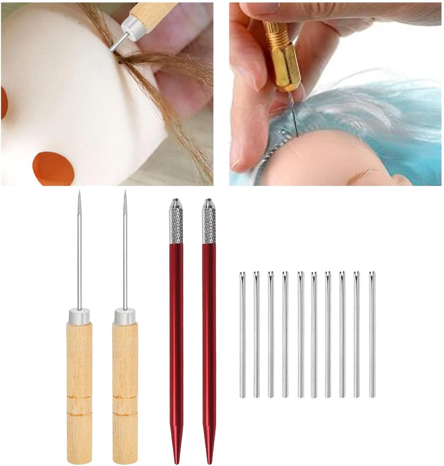 ابزار ریشه گذاری موی عروسک، لوازم ساخت عروسک، شامل سوزن های ریروت و ترمیم مو، کیت ساخت عروسک ریشه گذاری موی عروسک، ابزار ریشه گذاری عروسک برای عروسک DIY، 10 عدد سوزن 0.8 میلی متری