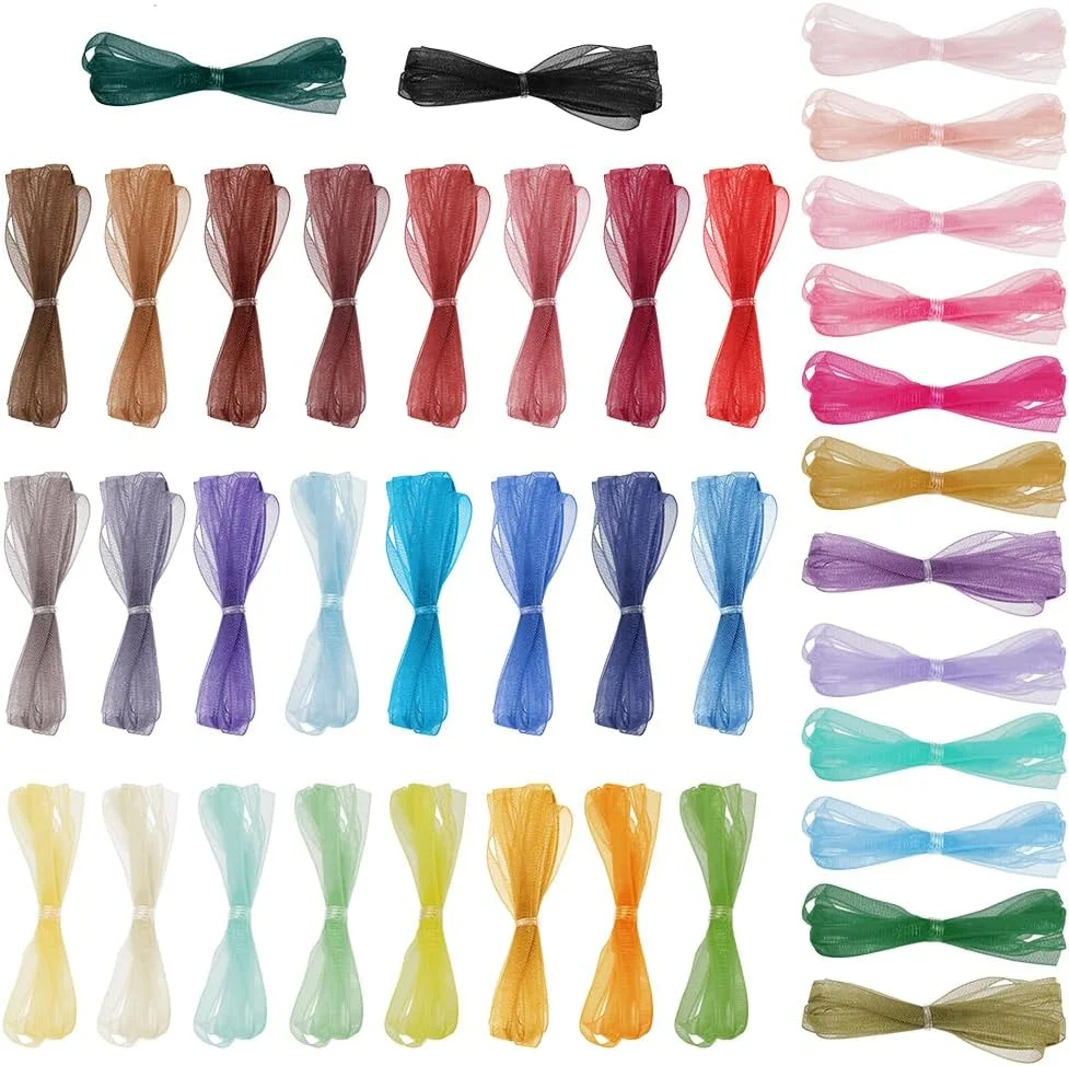 روبان باریک FREEBLOSS، روبان توری ارگانزا شیفون، پارچه توری، تزئینات DIY برای ساخت لباس عروسک، روبان های تزئینی بسته بندی هدایای جشنواره، 1.1 یارد * 38 رنگ (عرض 3 میلی متر)