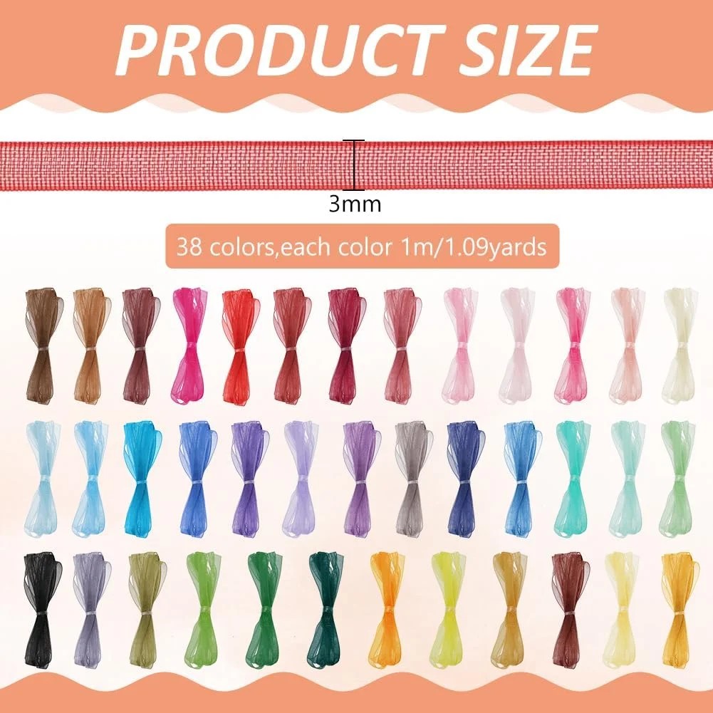 روبان باریک FREEBLOSS، روبان توری ارگانزا شیفون، پارچه توری، تزئینات DIY برای ساخت لباس عروسک، روبان های تزئینی بسته بندی هدایای جشنواره، 1.1 یارد * 38 رنگ (عرض 3 میلی متر)