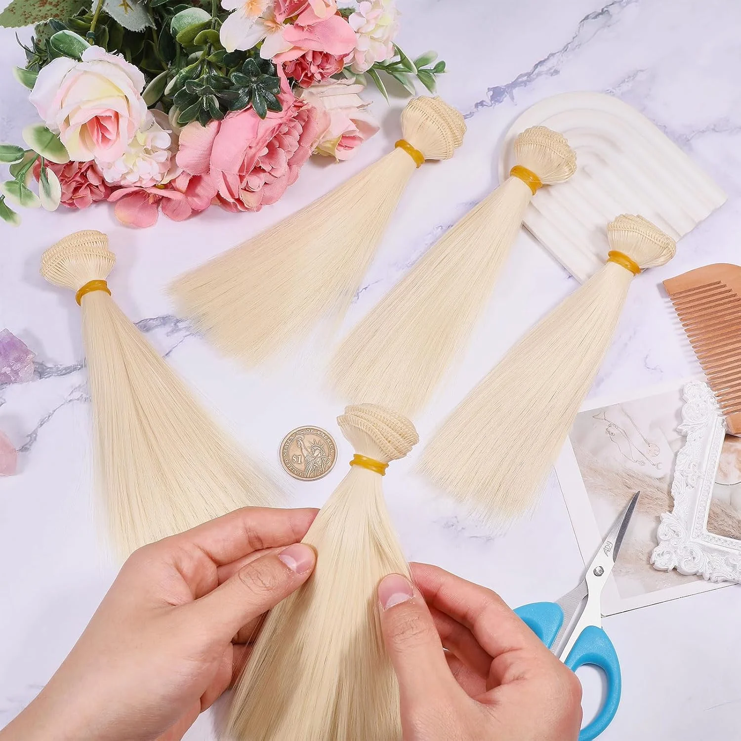 گلوبلند بسته 6 عددی کلاه گیس عروسک زرد روشن 15 سانتی متری موی صاف کلاه گیس عروسک موی مصنوعی نرم و انعطاف پذیر و ضخیم عروسک های مد و لوازم جانبی برای ساخت عروسک هنرهای دستی DIY