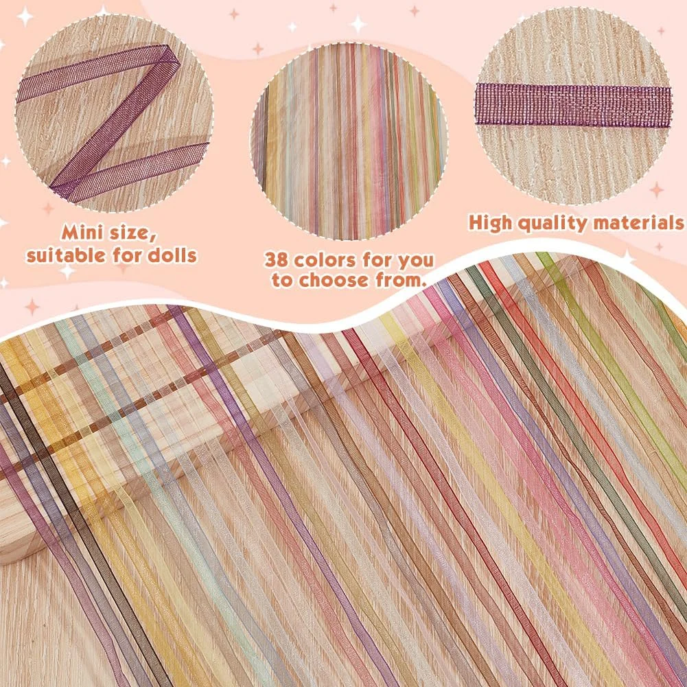 روبان باریک FREEBLOSS، روبان توری ارگانزا شیفون، پارچه توری، تزئینات DIY برای ساخت لباس عروسک، روبان های تزئینی بسته بندی هدایای جشنواره، 1.1 یارد * 38 رنگ (عرض 3 میلی متر)