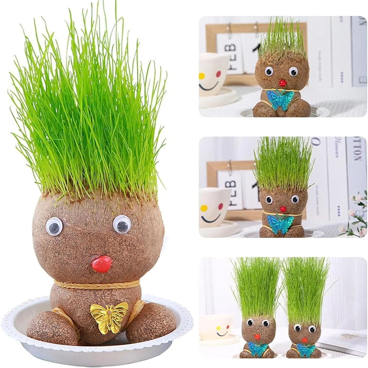 ست 2 عددی عروسک سر چمن گیاهی بونسای با سینی و بطری اسپری، کیت رشد، کاردستی آموزشی کودکان، تزئینات رومیزی برای لوازم دکوراسیون منزل