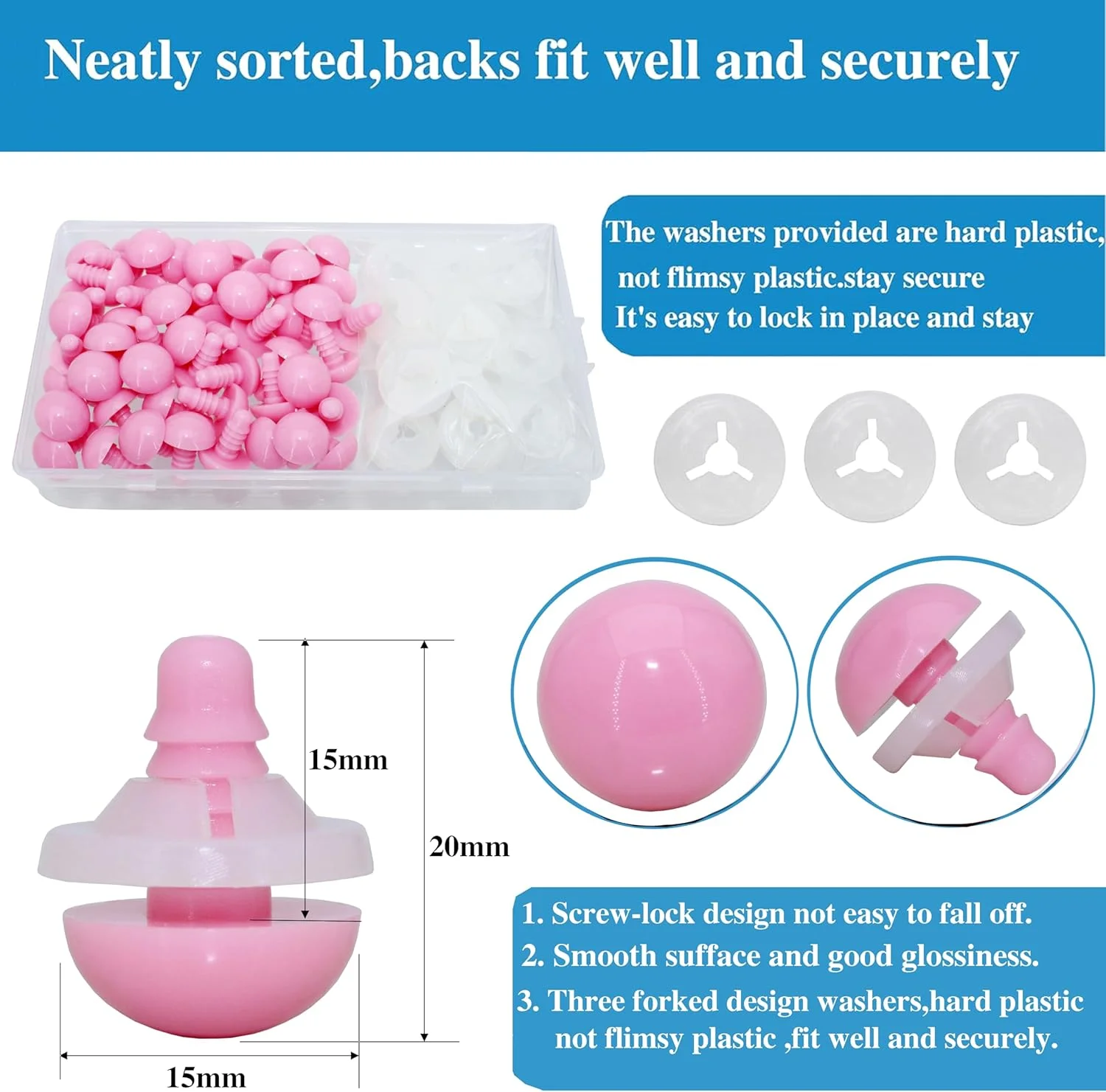 بست سی وای سی 1 جعبه (50 عدد) چشم های ایمنی پلاستیکی 15 میلی متری صورتی، طراحی رزوه ای قفل شونده، چشم های صنایع دستی با واشر برای ساخت یا تعمیر عروسک های بافتنی، حیوانات عروسکی، عروسک، اسباب بازی، قلاب بافی، لوازم بست سی وای سی 1 جعبه (50 عدد) چشم های ایمنی پلاستیکی 15 میلی متری صورتی، طراحی رزوه ای قفل شونده، چشم های صنایع دستی با واشر برای ساخت یا تعمیر عروسک های بافتنی، حیوانات عروسکی، عروسک، اسباب بازی، قلاب بافی، لوازم